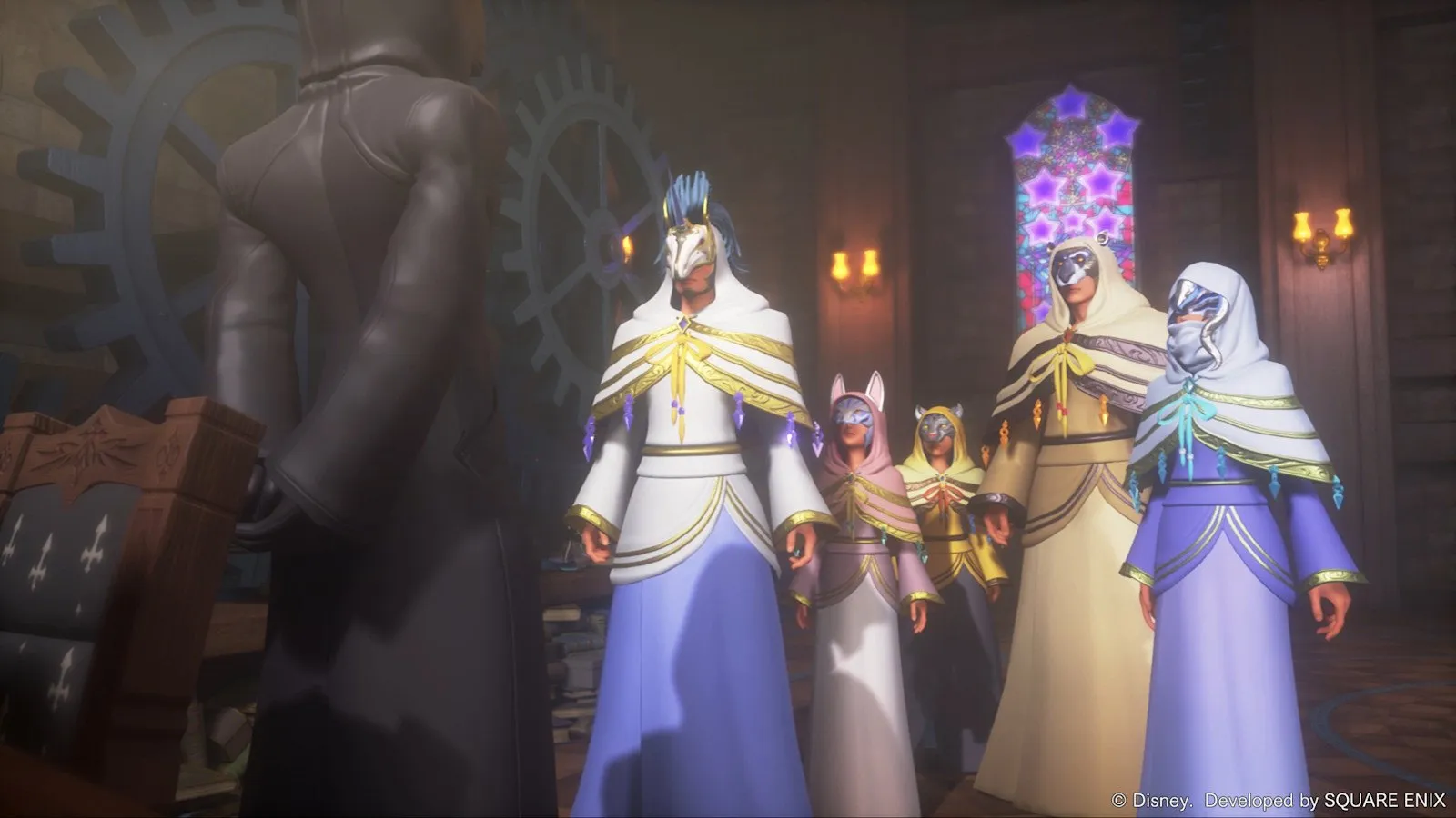 Varios personajes reunidos en una sala en Kingdom Hearts Collection [I〜III]