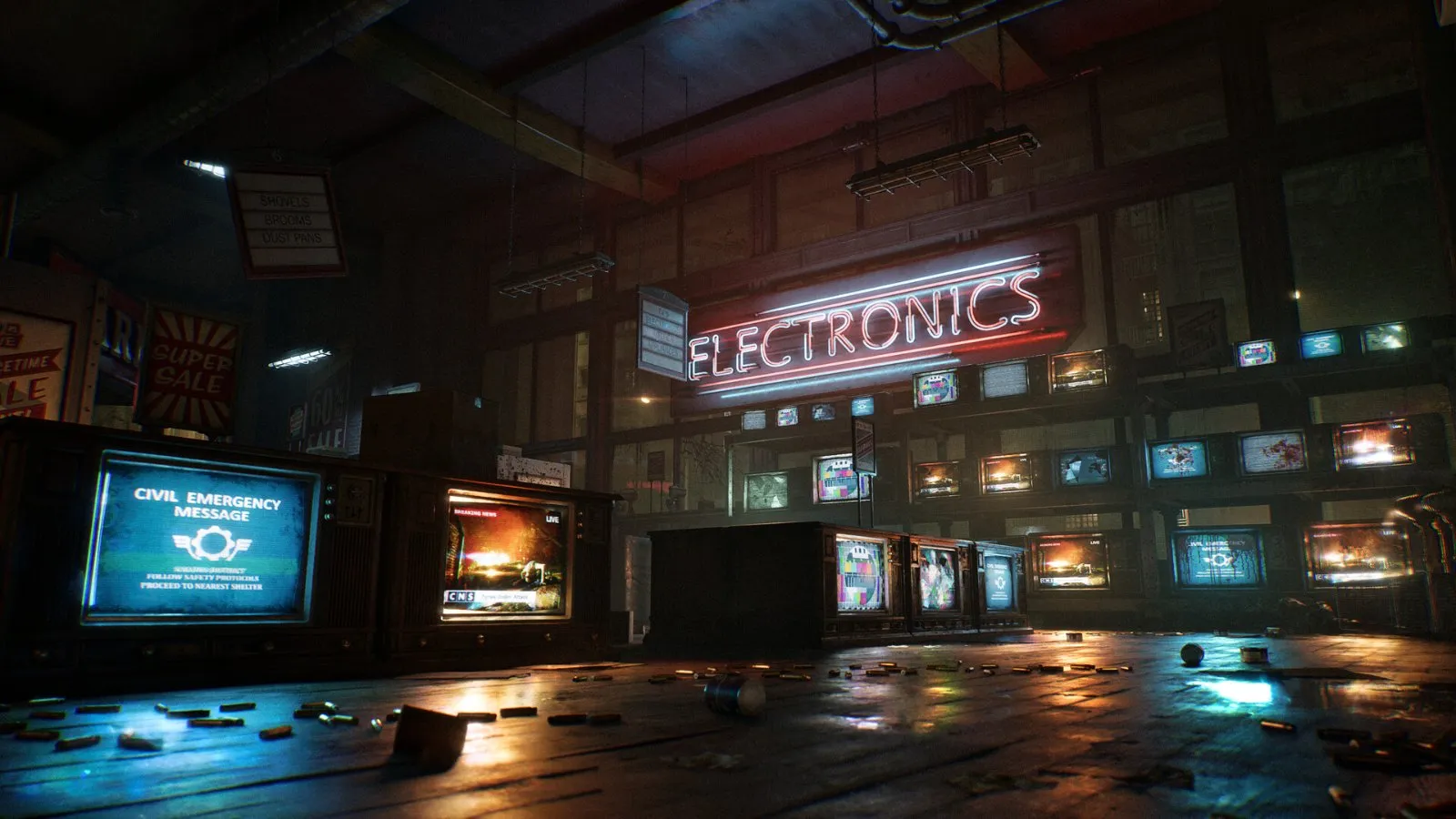 Una calle de neones con una tienda de electrónica en Gears of War: E-Day