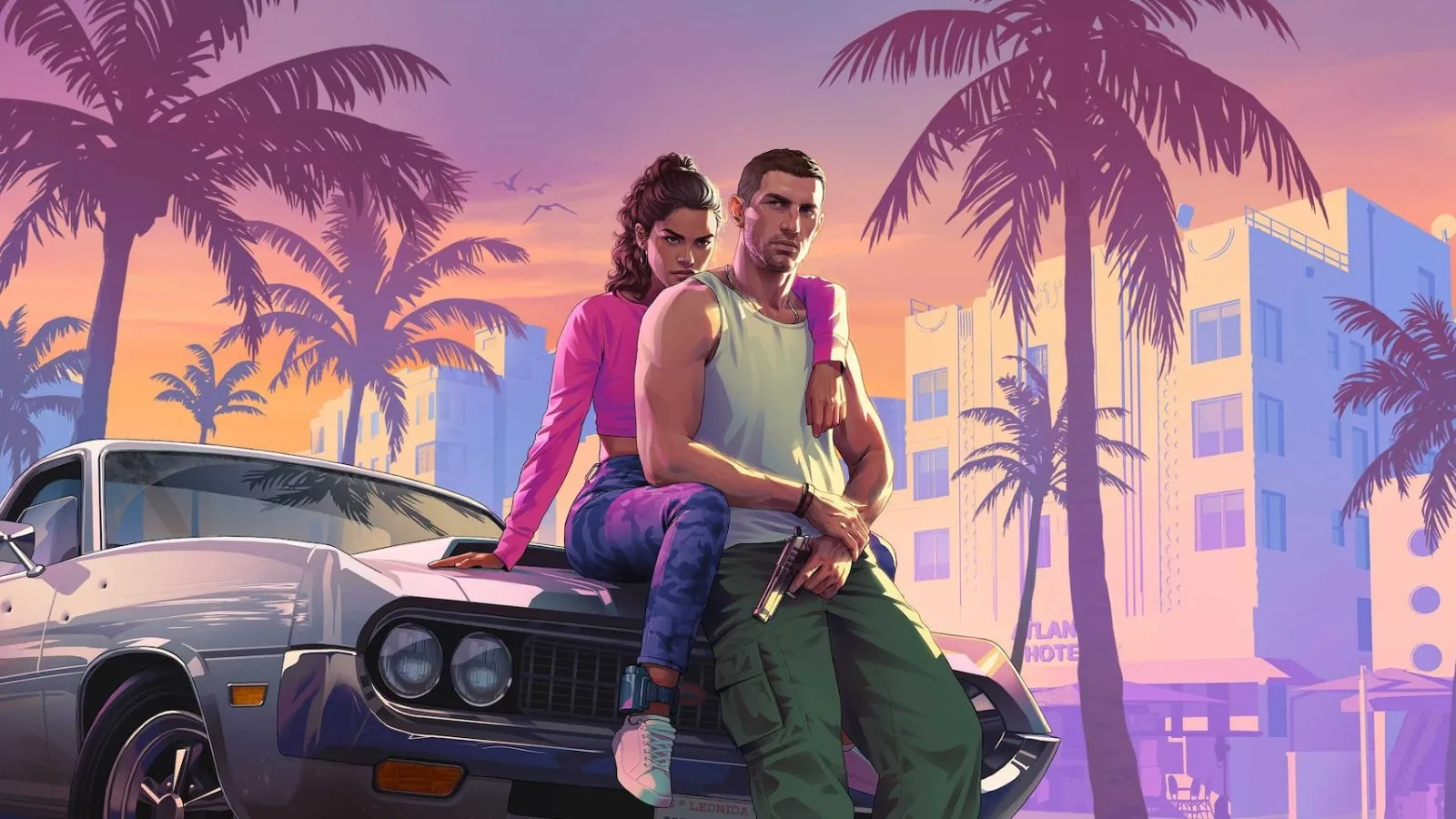 Lucia y Jason apoyados en un coche en Vice City en Grand Theft Auto VI