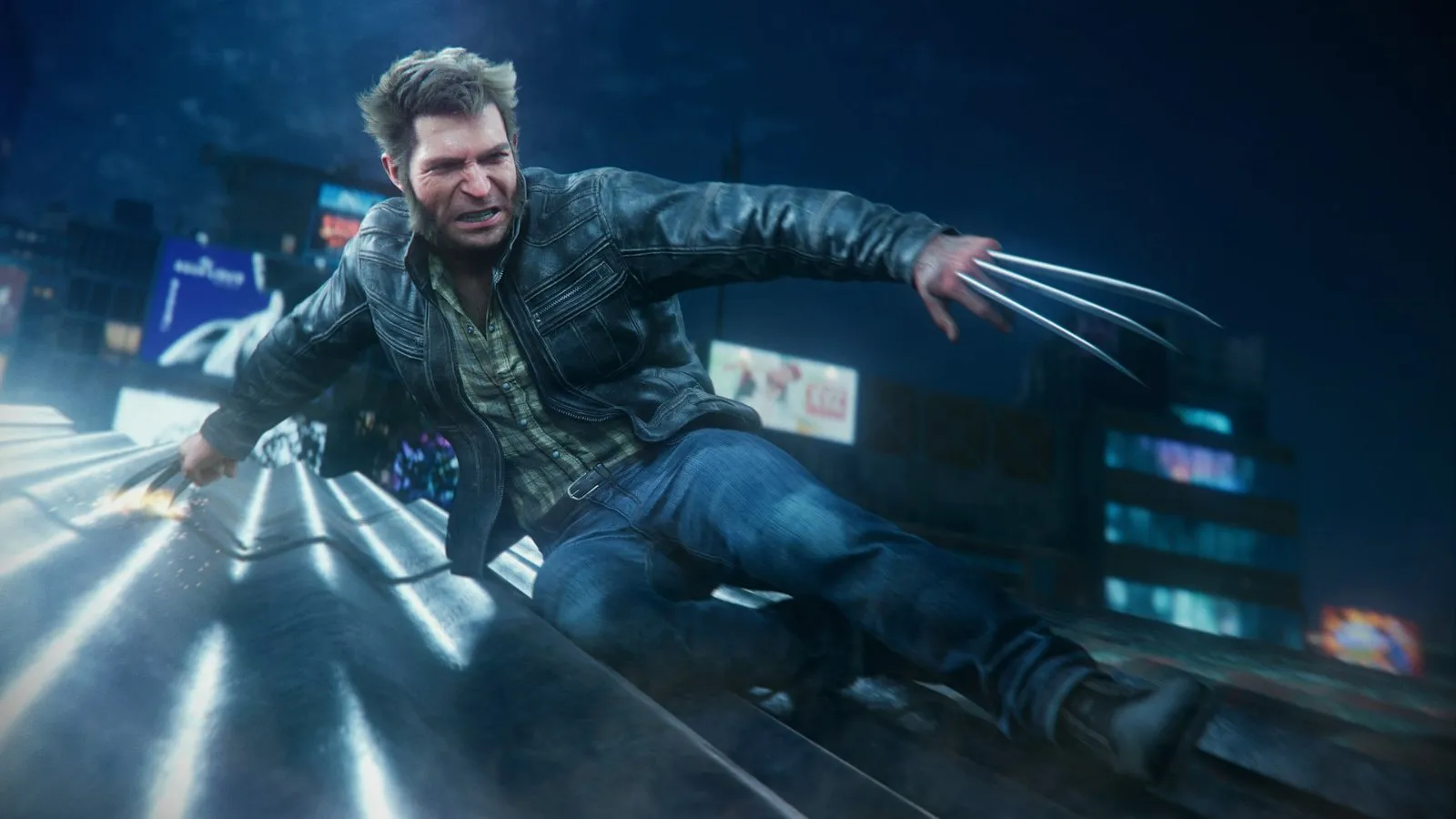 Logan se desliza con las garras fuera bajo luces de neón en Marvel's Wolverine