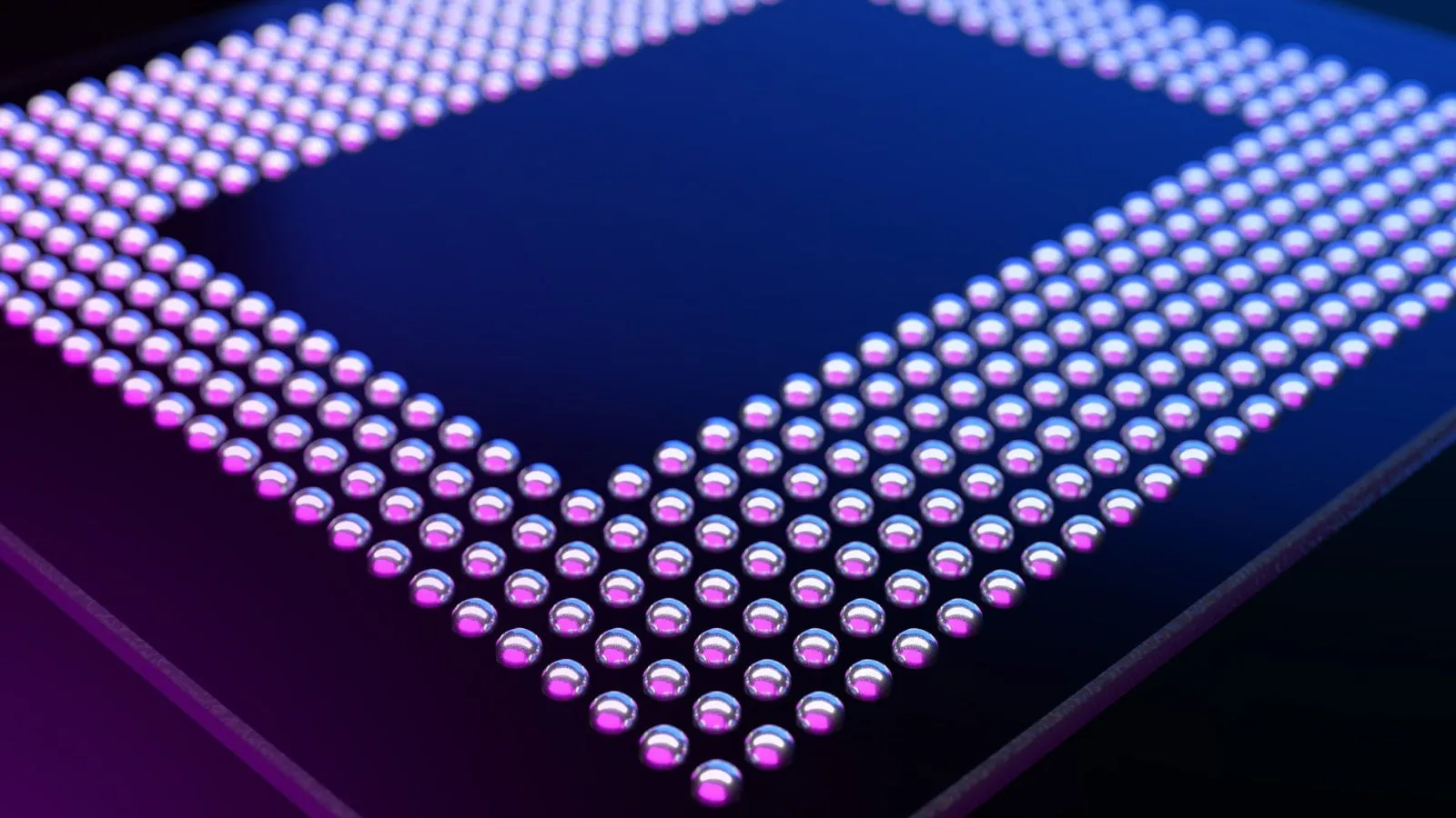 Detalle de las bolas de soldadura de un chip de memoria de Micron