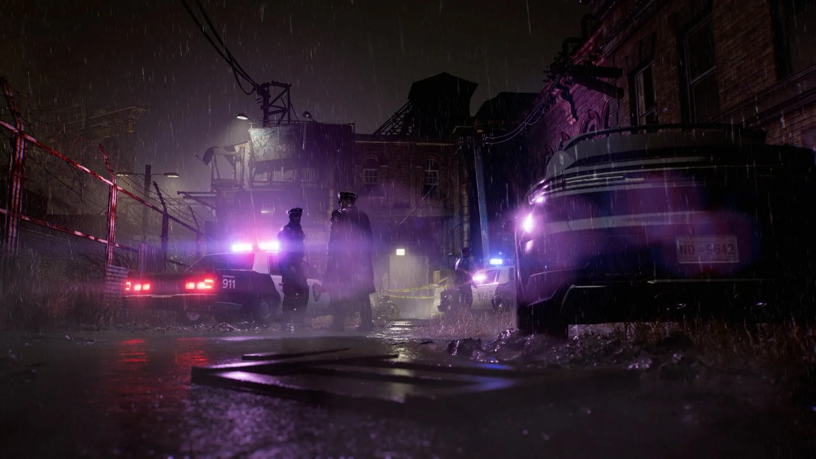 Una calle en ruinas con luces moradas en Resident Evil Requiem