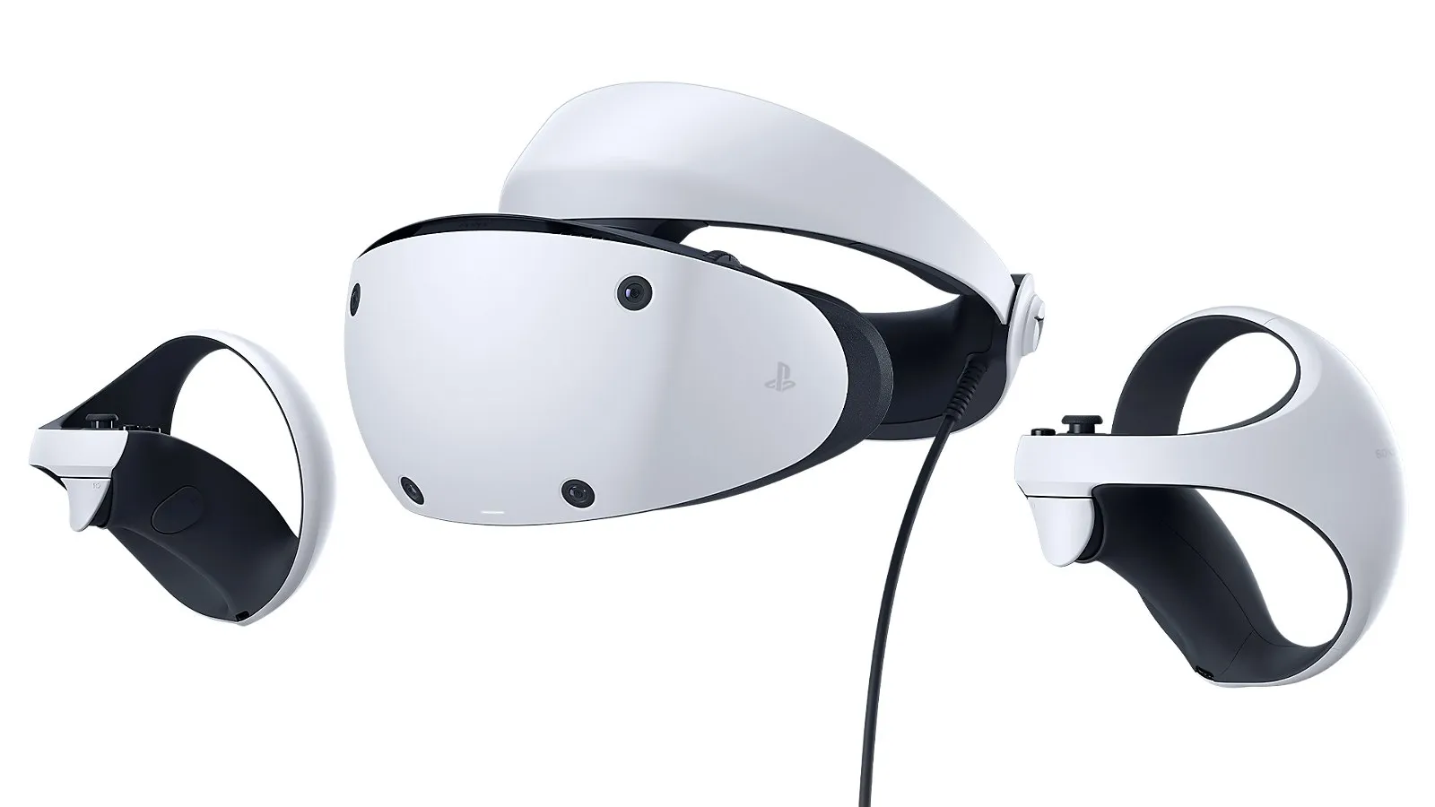 El visor PS VR2 blanco con sus dos mandos Sense sobre fondo blanco