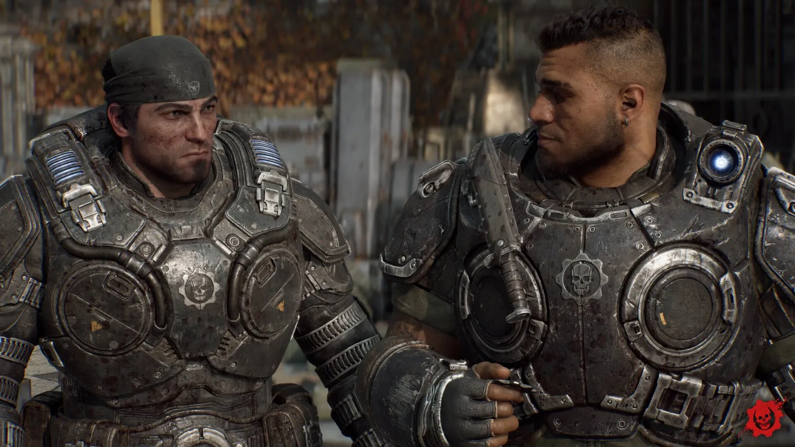 Marcus Fenix y Dom Santiago con armadura de la CGO conversan en Gears of War: E-Day