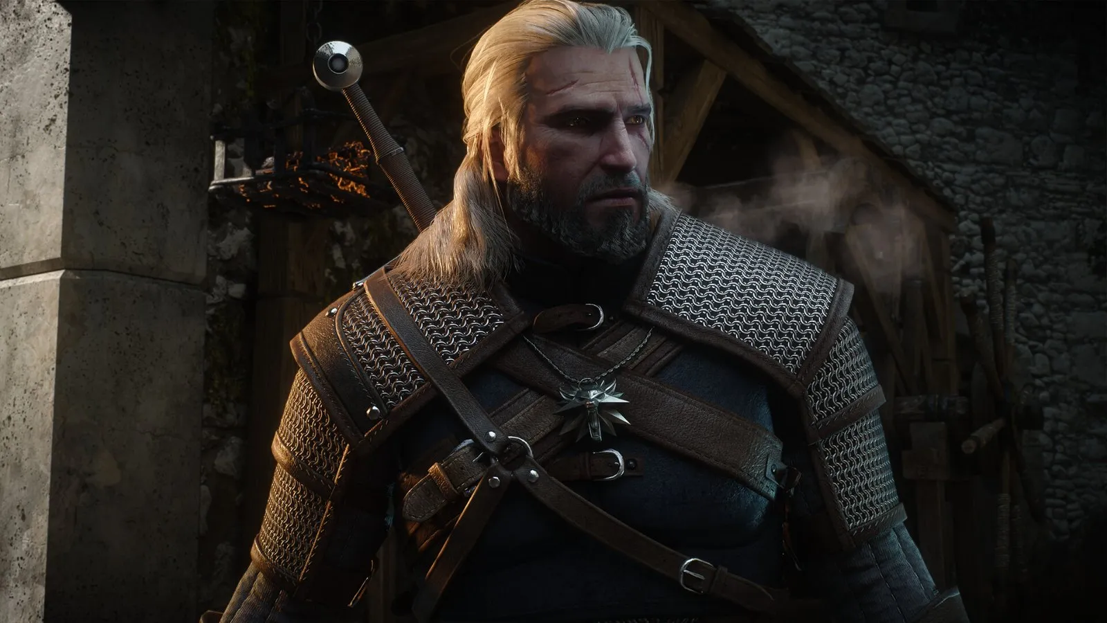 Geralt de Rivia con su espada a la espalda en The Witcher 3: Wild Hunt — Remastered