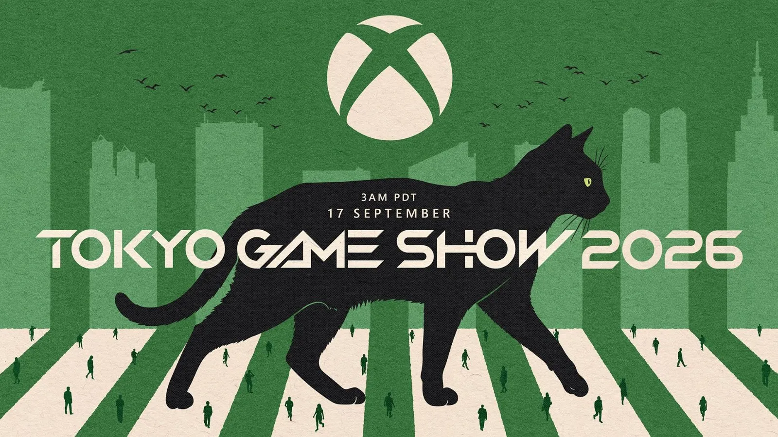 Cartel de Xbox para el Tokyo Game Show 2026 con un gato negro cruzando la calle