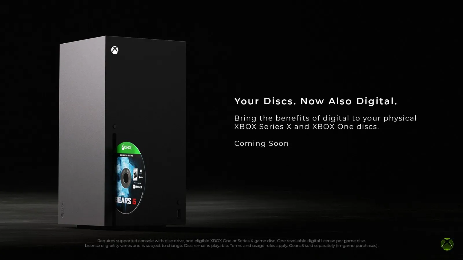 Xbox Series X junto a una caja de Gears en la imagen de 'Your discs, now also digital'